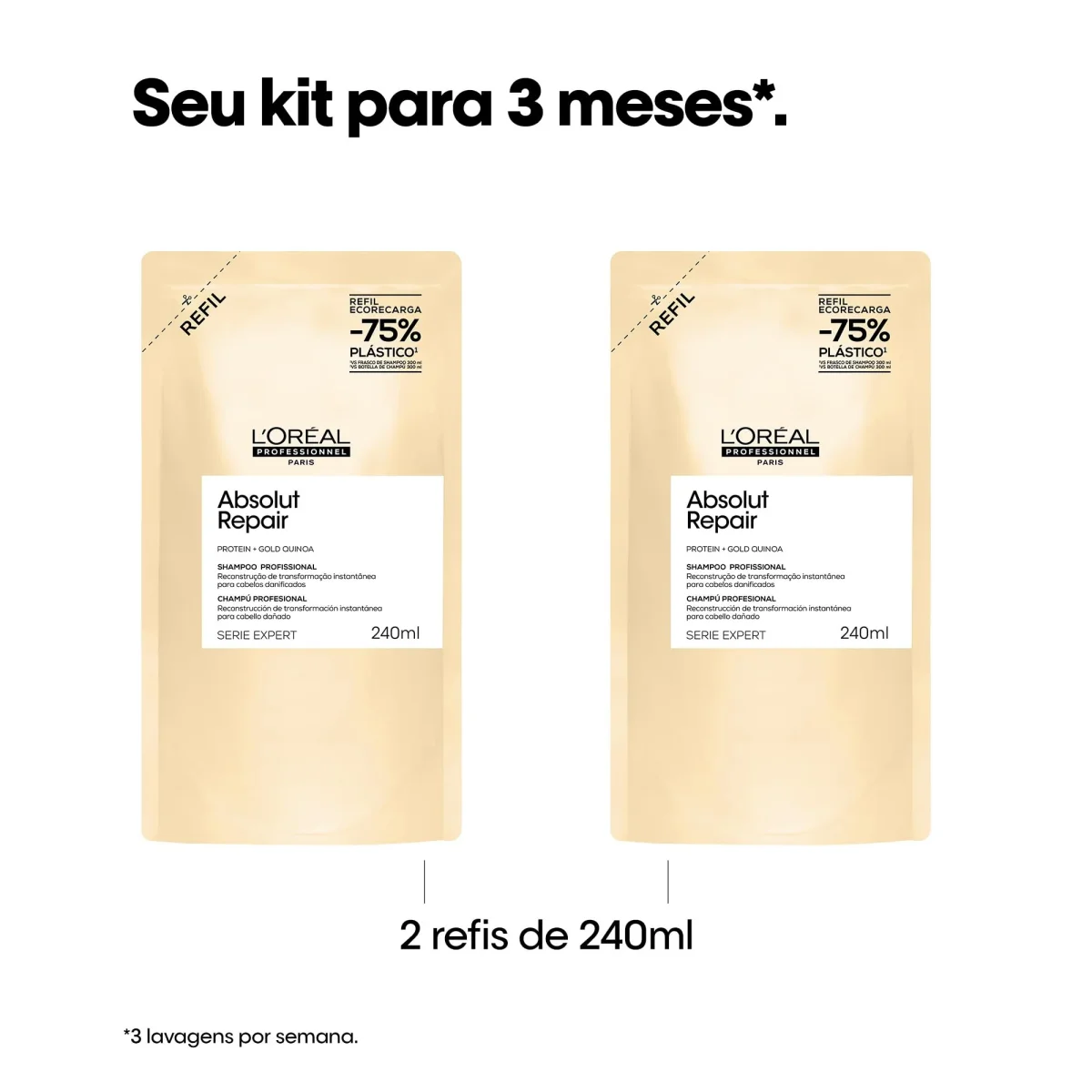 L'Oréal Professionnel Serie Expert Absolut Repair, Shampoo Reconstrutor para Cabelos Danificados e Finos Refil com Quinoa Dourada, Reparação Profunda e Brilho Intenso 240ml - Image 3